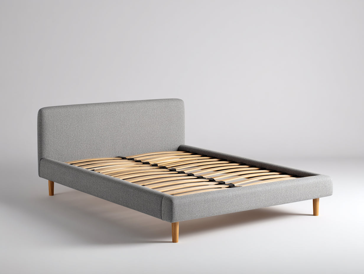 Cama doble tapizada 216 x 176 x 105 cm - gris claro - somier de láminas y patas de madera