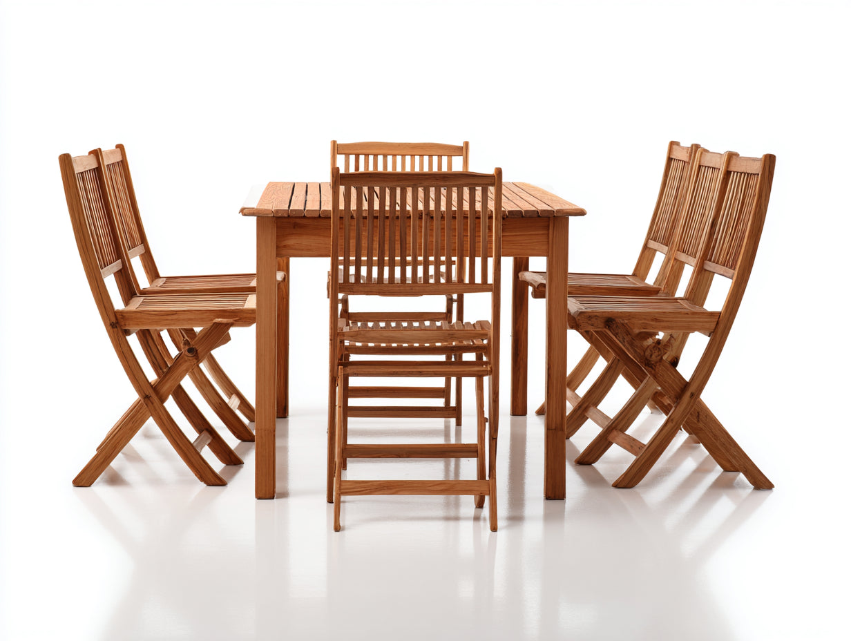 Conjuntos de comedor de jardín de madera 150 x 90 x 75 cm - Marrón natural - Juego de 7 piezas con 6 sillas plegables