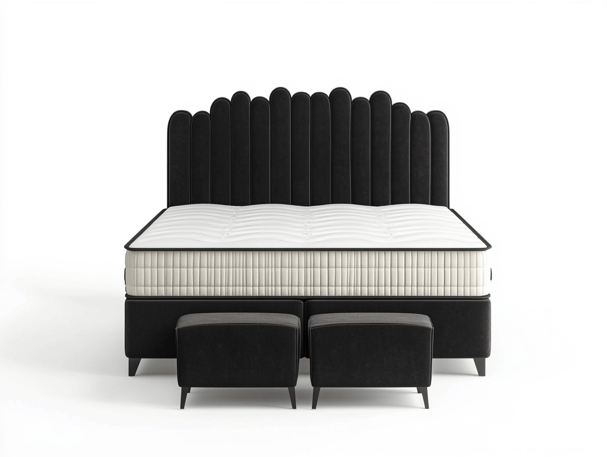 Camas dobles de tela 210 x 190 x 145 cm - Negro y blanco - Con cabecero acanalado y 2 bancos auxiliares
