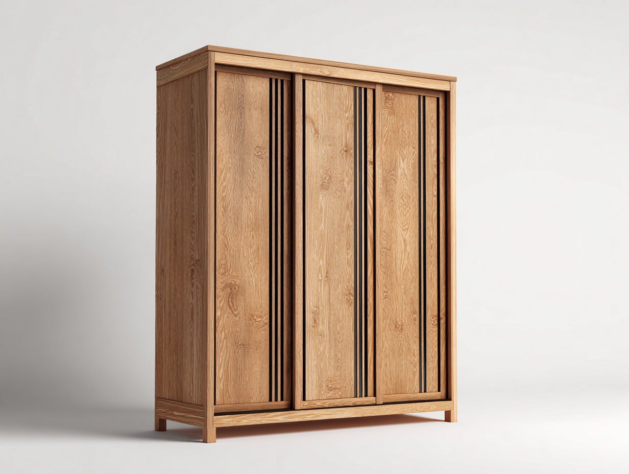 Armario de dormitorio 180 x 60 x 200 cm - roble natural y negro - 3 puertas correderas con diseño contemporáneo