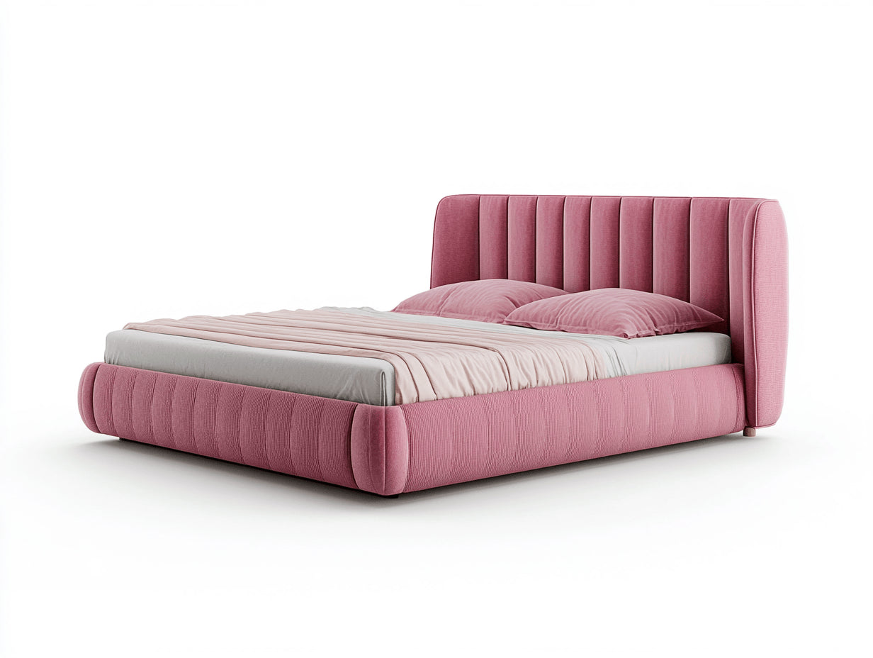 Camas dobles tapizadas 220x200x115 cm color rosa para colchón 180x200 cm con cabecero acanalado diseño moderno