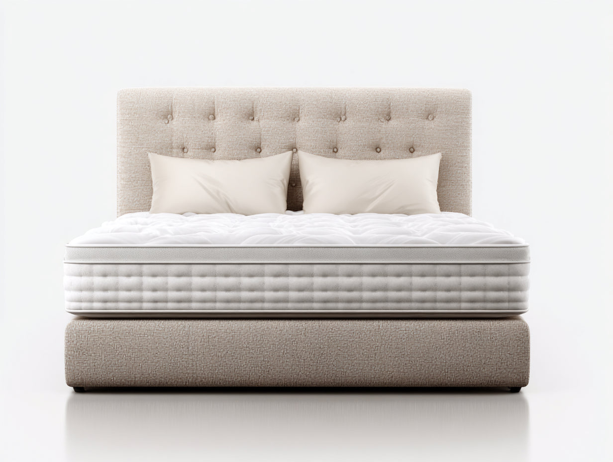Camas dobles tapizadas en tela beige con cabecero capitoné 210x170x120 cm - diseño moderno para dormitorio principal