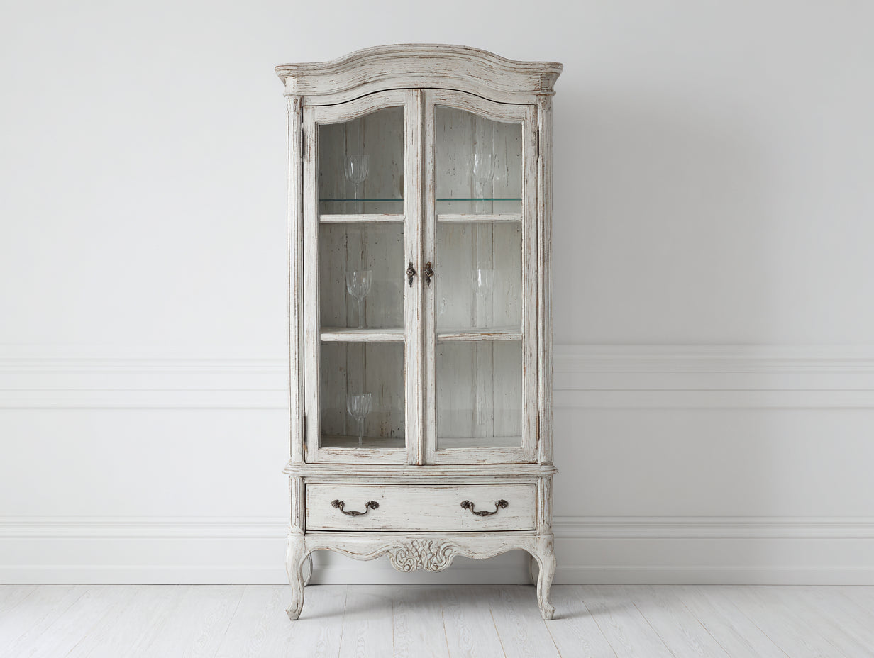 Vitrinas de salón de madera blanca envejecida con 2 puertas de cristal y 1 cajón 95x42x190 cm - diseño clásico para comedor y sala de estar