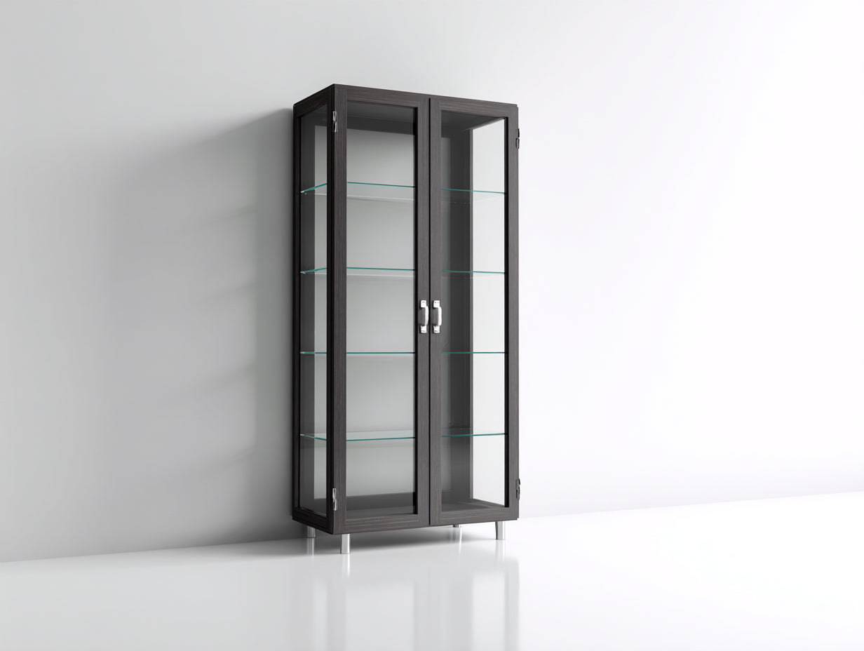 Vitrinas de madera y vidrio 85x40x175 cm color negro con 2 puertas de vidrio y patas metálicas diseño moderno