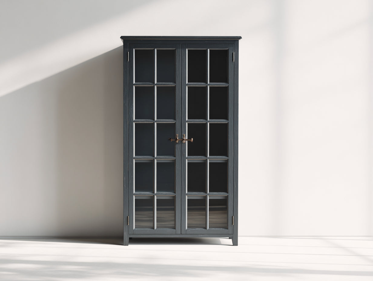 Vitrinas de madera y vidrio 90x40x180 cm color gris antracita con 2 puertas de vidrio y diseño clásico