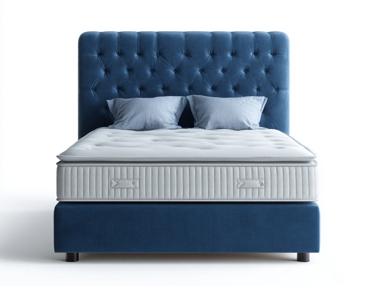Camas dobles de tela 210x165x120 cm - Azul y blanco - Cabecero capitoné y colchón acolchado