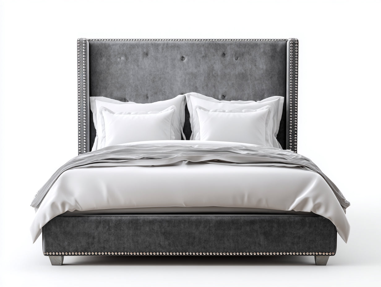 Camas dobles tapizadas 215x175x130 cm - Gris antracita y plateado - Cabecero con alas y tachuelas