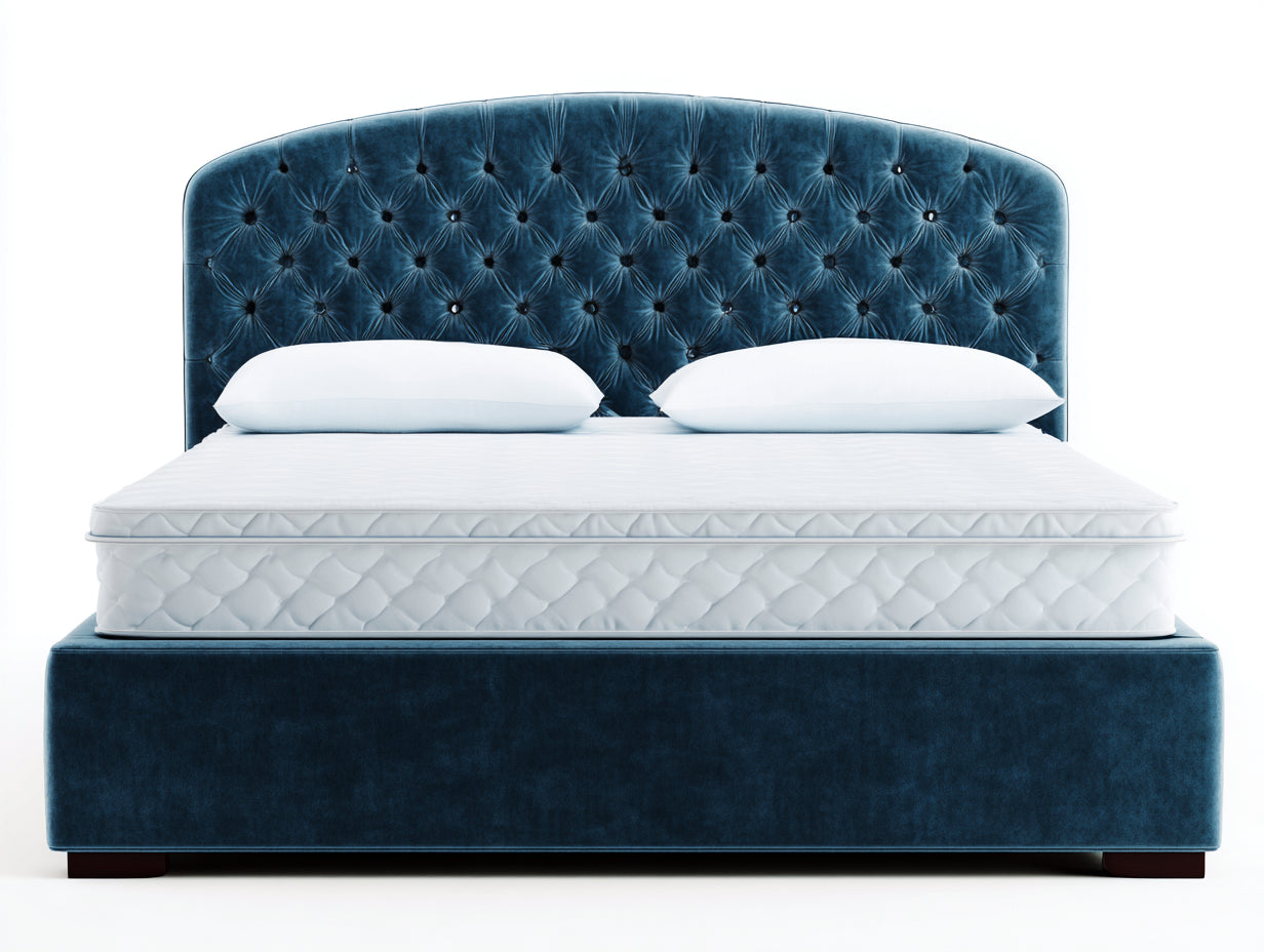 Camas dobles tapizadas 210x165x125 cm - Azul petróleo y blanco - Cabecero capitoné arqueado