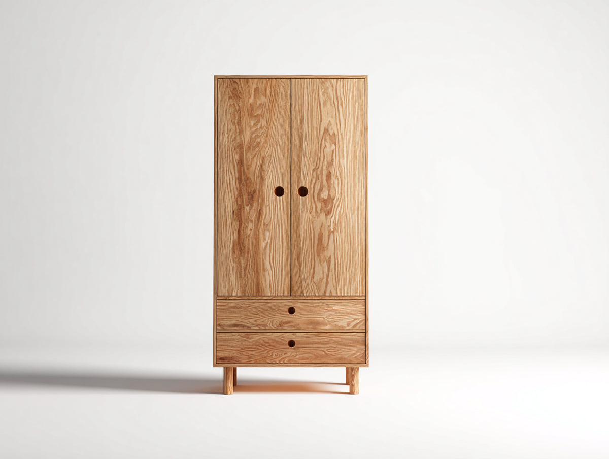 Armario de dormitorio 80 x 45 x 180 cm - madera natural - 2 puertas y 2 cajones con diseño minimalista