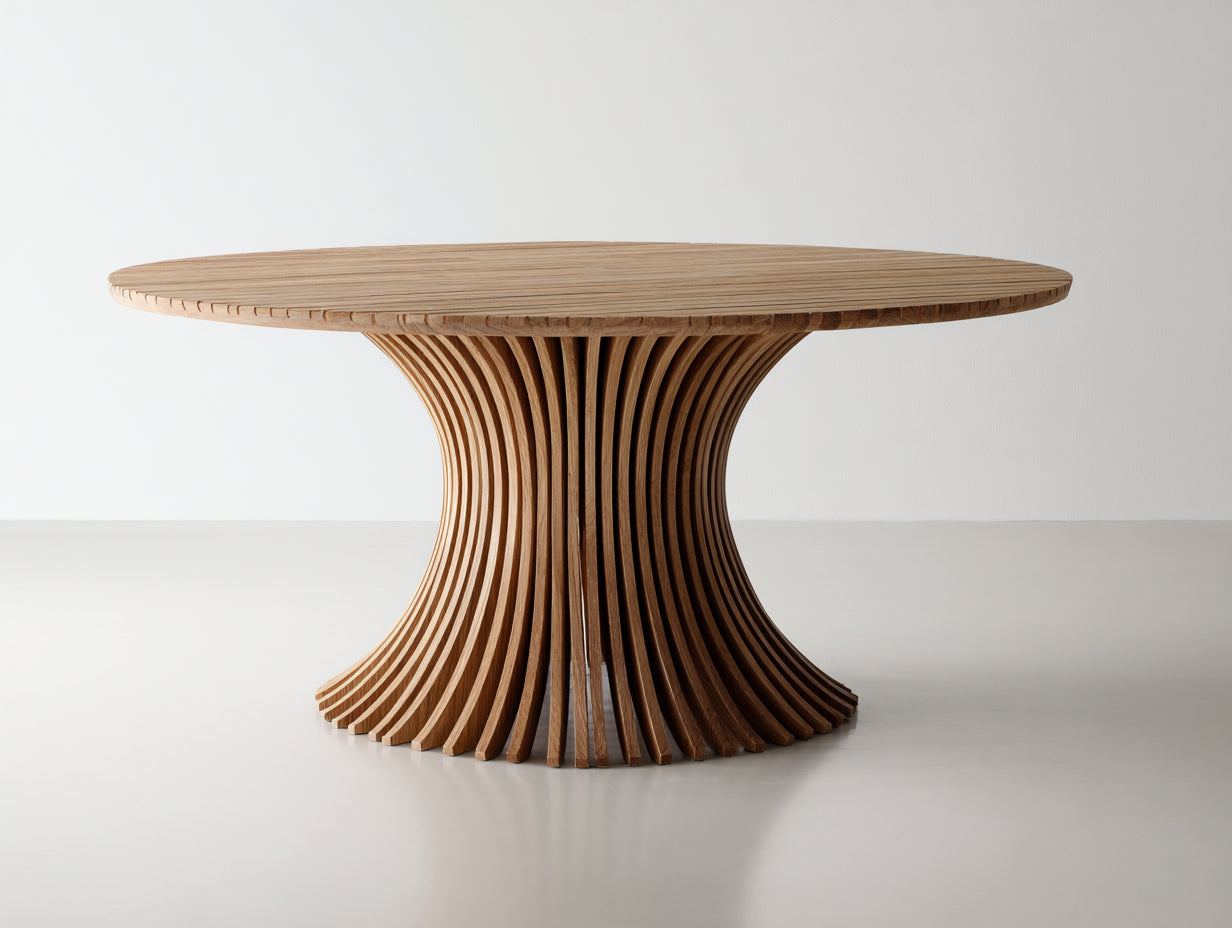 Mesa de jardín redonda de madera 150 x 150 x 75 cm - madera natural - base curvada de listones y diseño escultórico