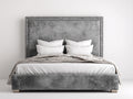 Cama doble tapizada 220 x 180 x 145 cm - gris - cabecero alto con tachuelas metálicas y diseño elegante