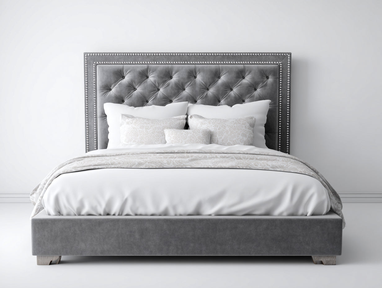 Camas dobles tapizadas en terciopelo 220x200x130 cm color gris para colchón 180x200 cm con cabecero capitoné y tachuelas diseño clásico