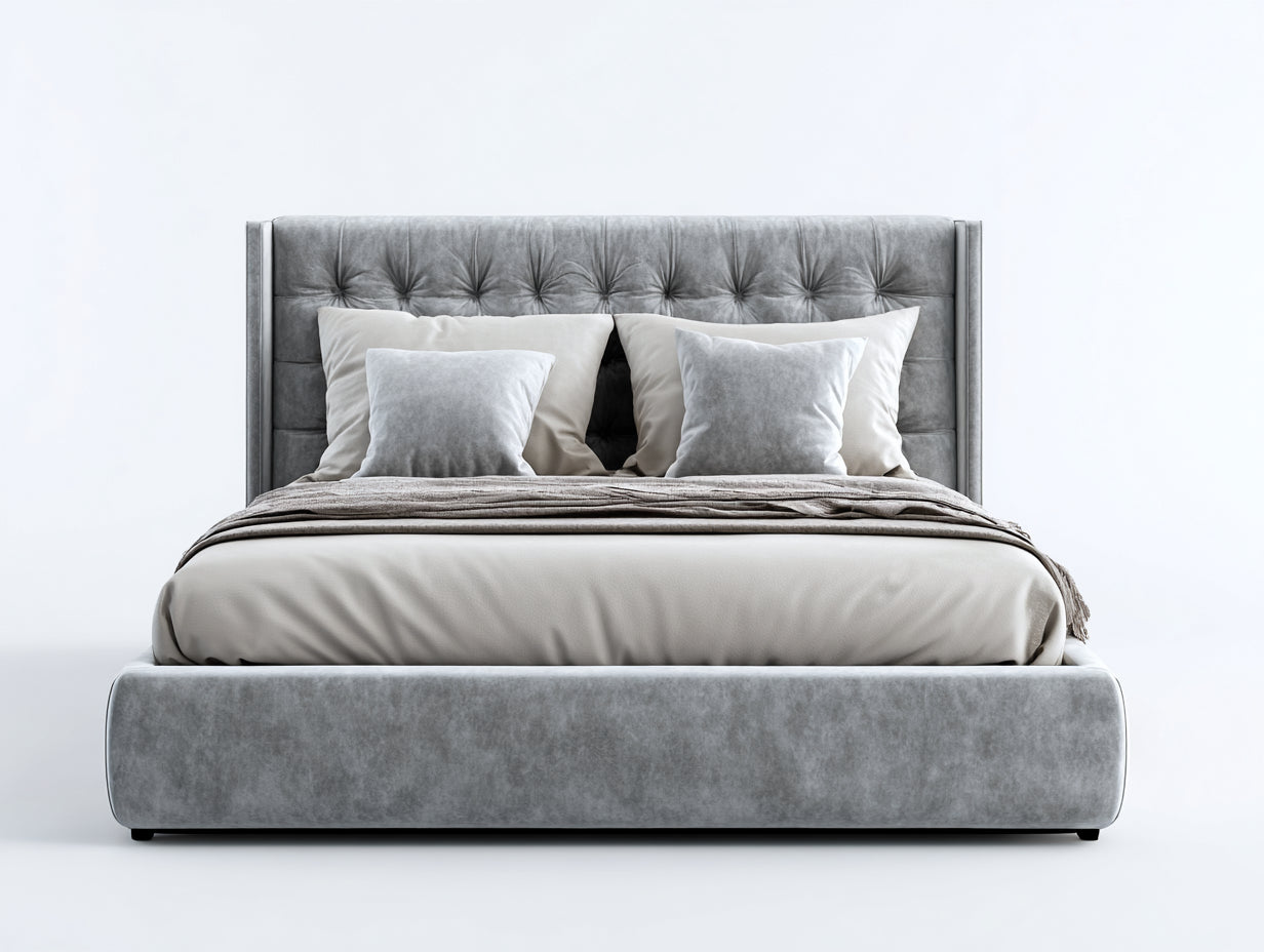 Camas dobles tapizadas 220x200x120 cm color gris para colchón 180x200 cm con cabecero capitoné diseño moderno