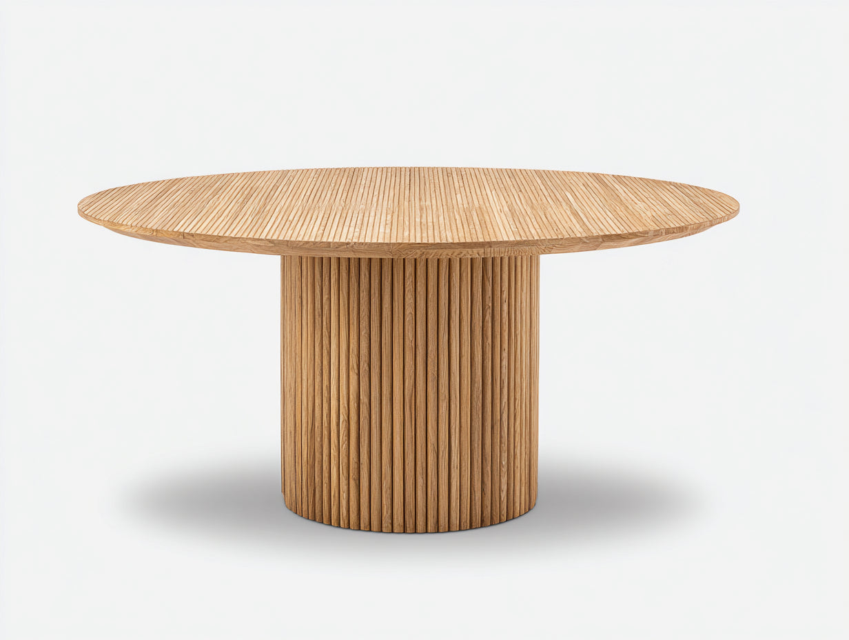 Mesas de jardín de madera 140 x 140 x 75 cm - Marrón natural - Mesa redonda con base cilíndrica acanalada