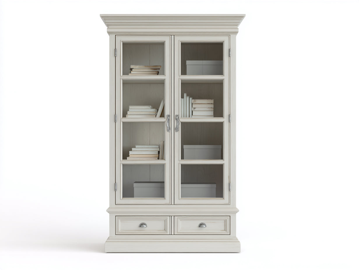 Vitrina de exposición 100 x 45 x 200 cm - blanco crema - 2 puertas de vidrio y 2 cajones de estilo clásico