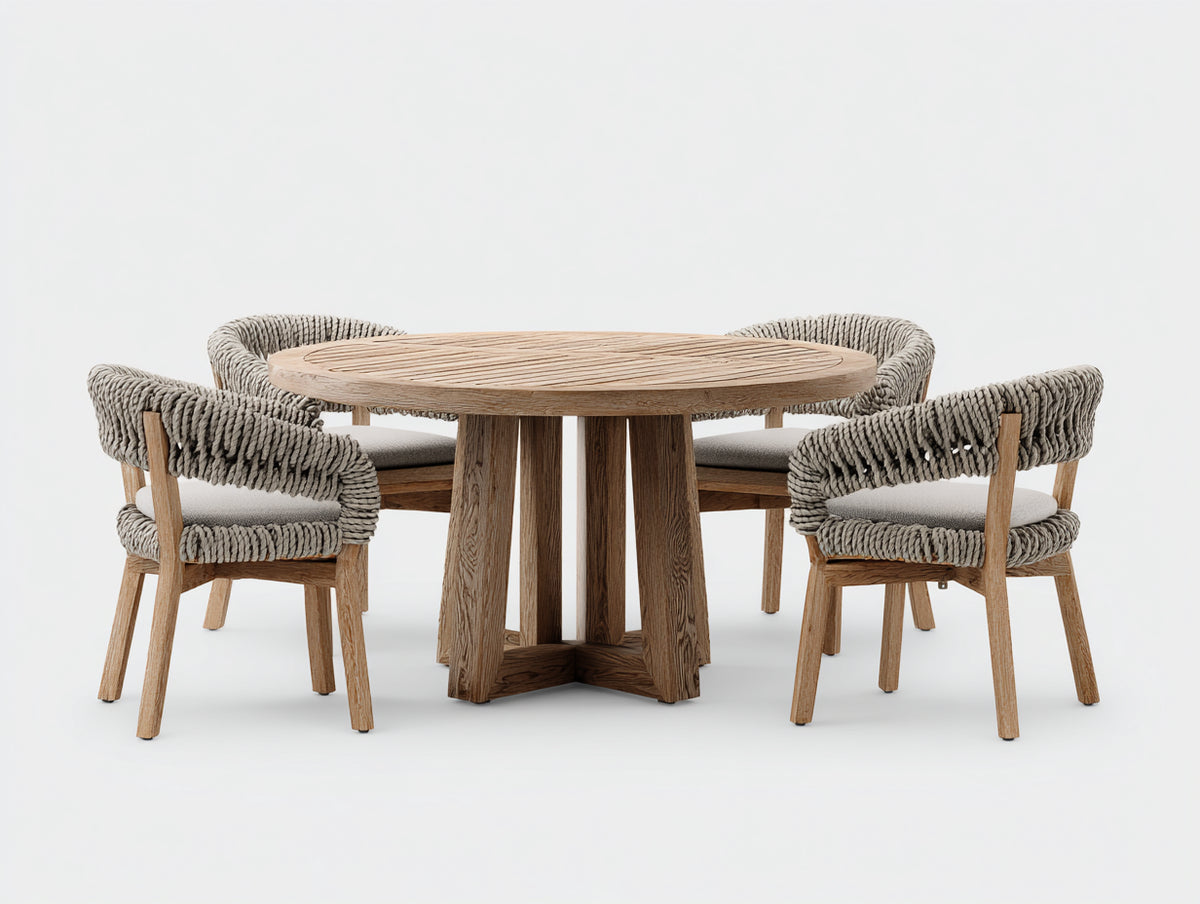 Conjunto de comedor de jardín de madera 120 x 120 x 75 cm - madera natural y gris claro - mesa redonda con 4 sillones de cuerda trenzada