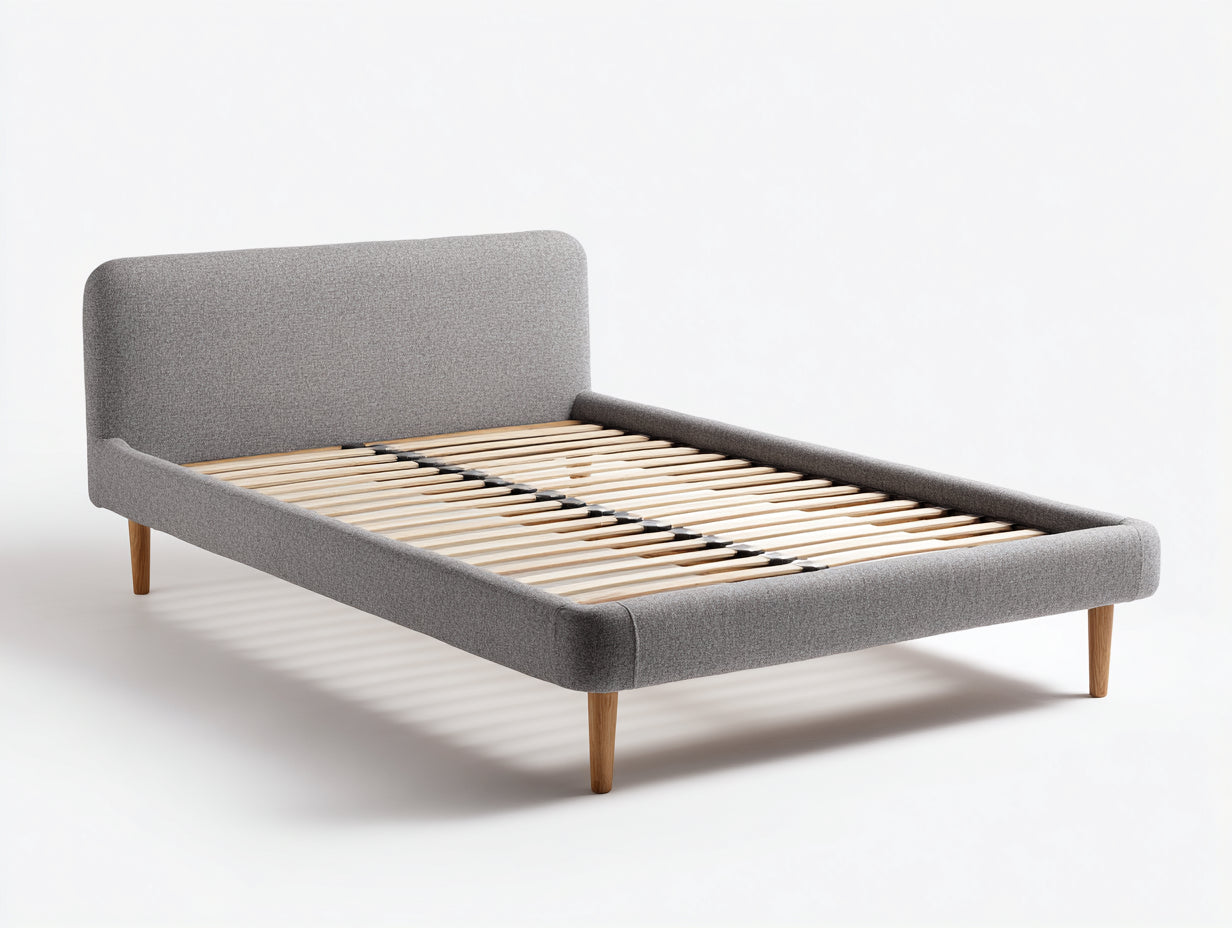 Camas dobles tapizadas en tela gris con somier de láminas 210x170x92 cm - cabecero curvo y patas de madera para dormitorio