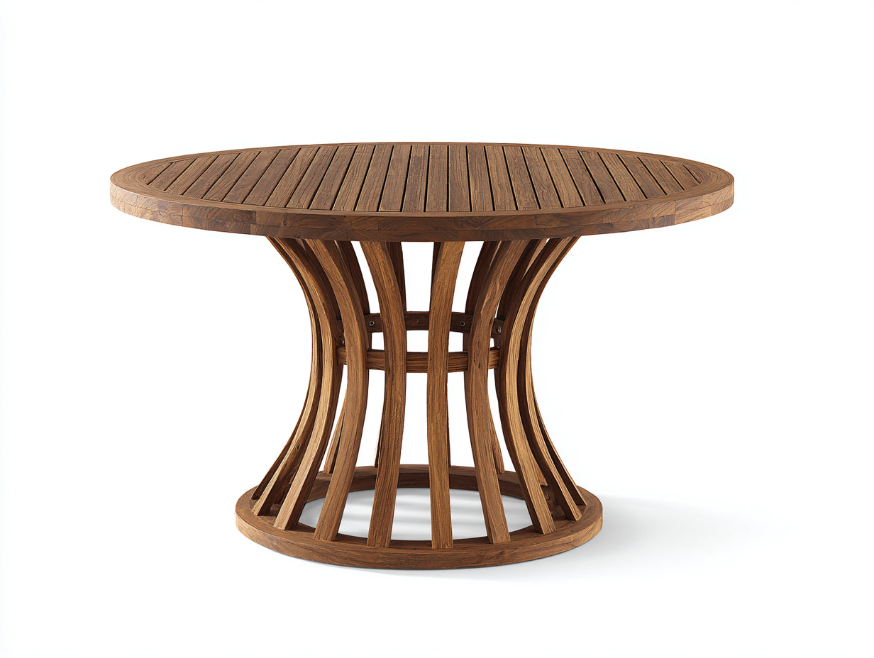 Mesas de jardín de madera 130x130x75 cm - Marrón natural - Tablero redondo de listones y base curva