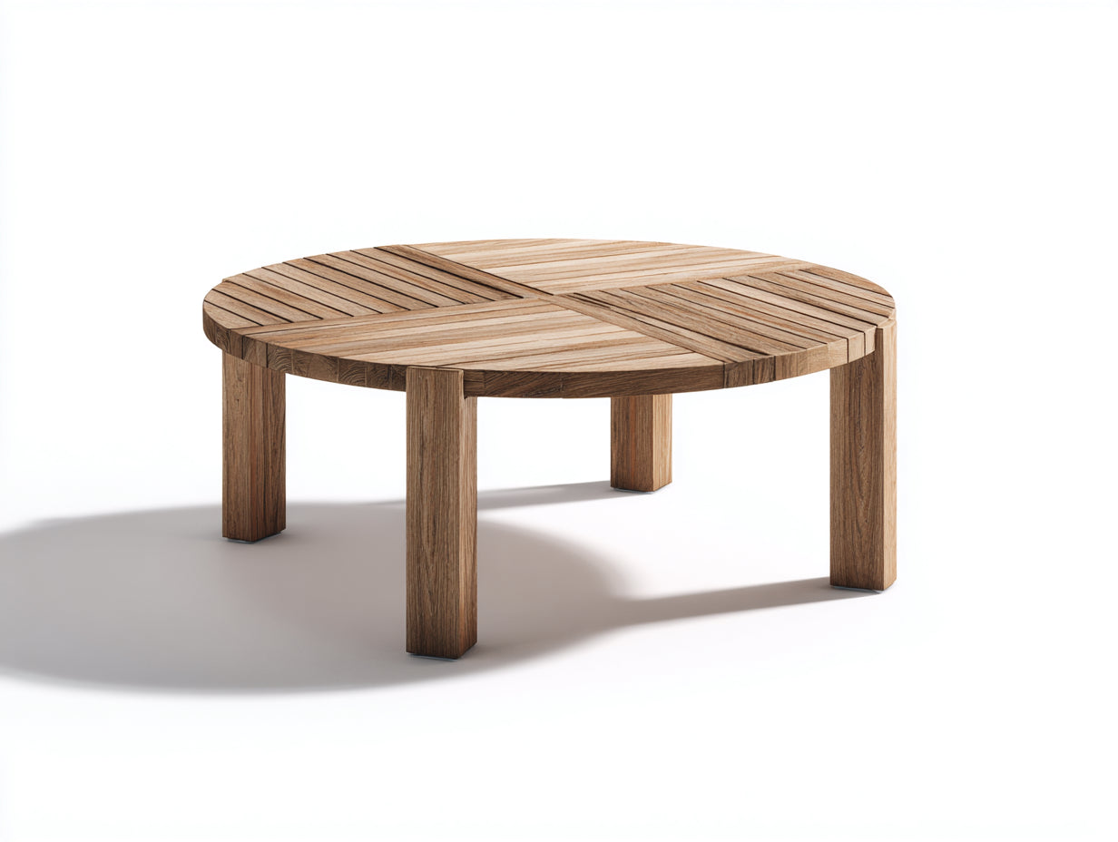 Mesas de jardín de madera marrón 110x110x45 cm - diseño redondo bajo con tablero de listones para terraza y patio