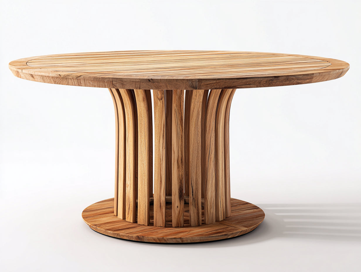 Mesas de jardín de madera 145 x 145 x 75 cm - Marrón natural - Mesa redonda con base curva de listones