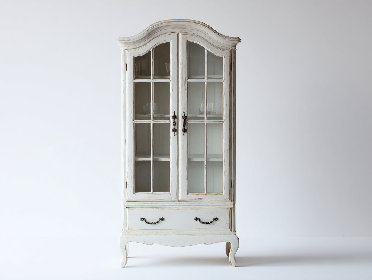 Vitrina de exposición 95 x 45 x 195 cm - blanco envejecido - 2 puertas de vidrio y 1 cajón de estilo clásico
