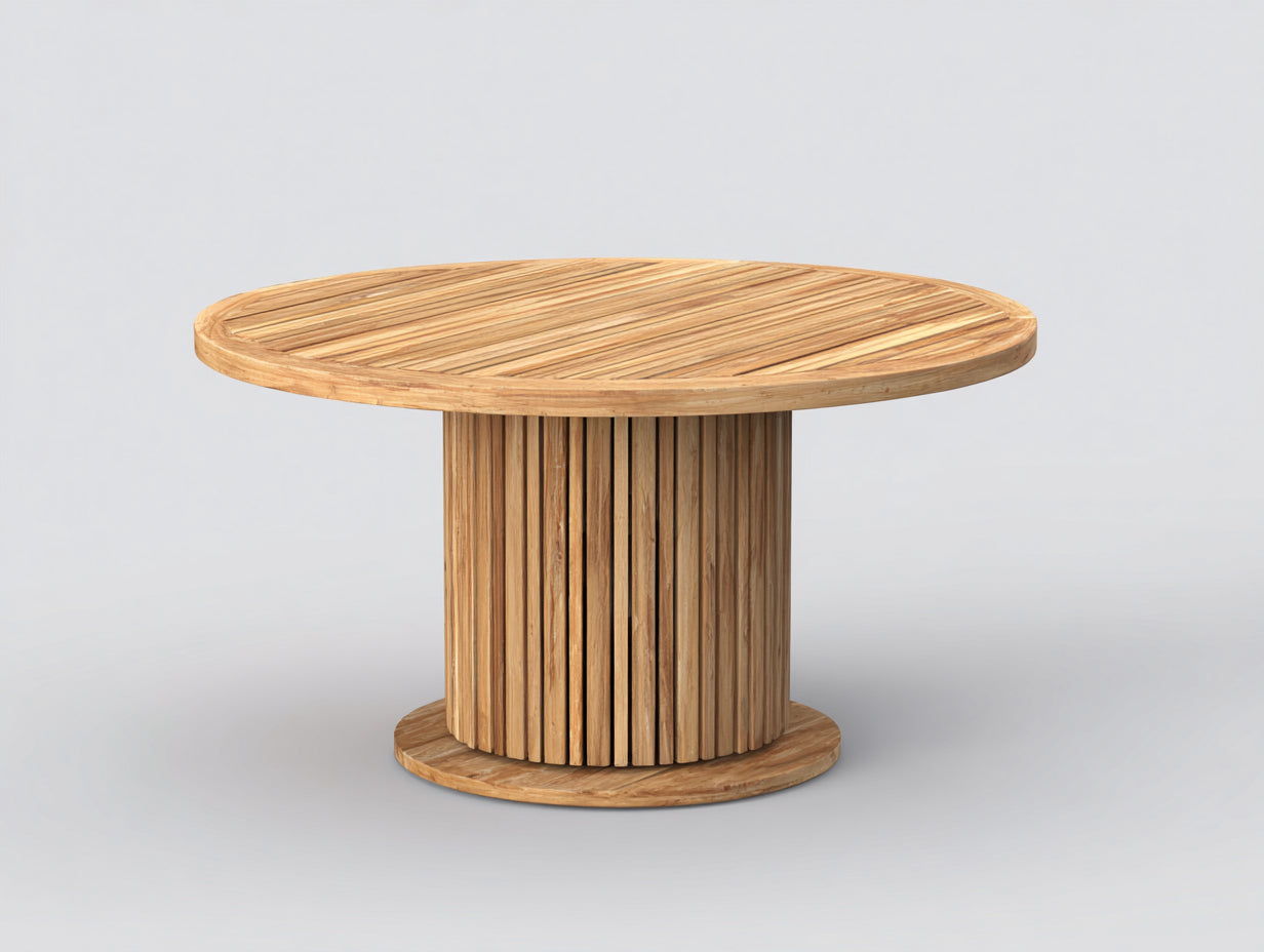 Mesa de jardín redonda de madera 140 x 140 x 75 cm - madera natural - base central acanalada y diseño contemporáneo