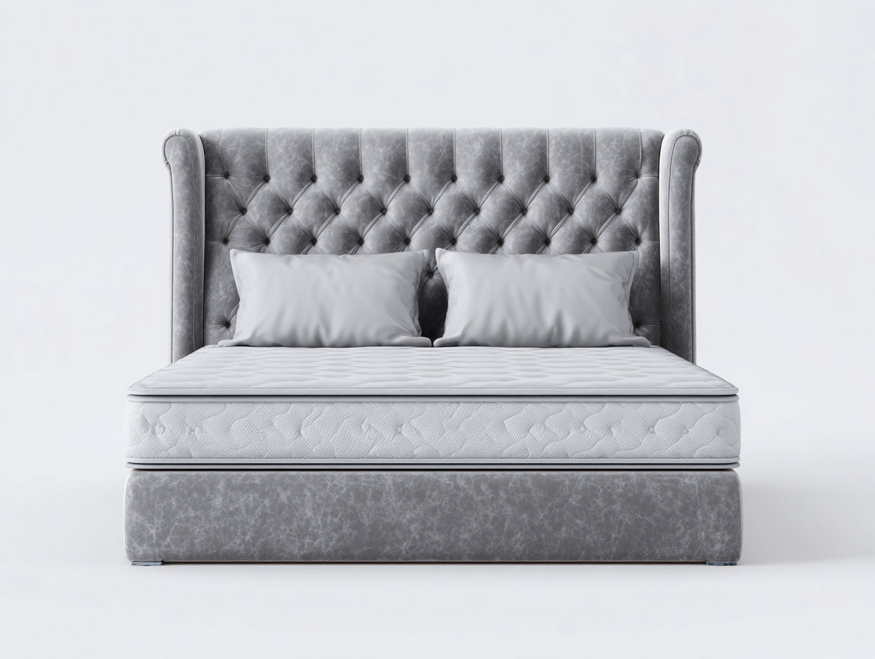 Camas dobles tapizadas de tela 220 x 190 x 150 cm - Gris plateado y blanco - Con cabecero capitonado de estilo clásico