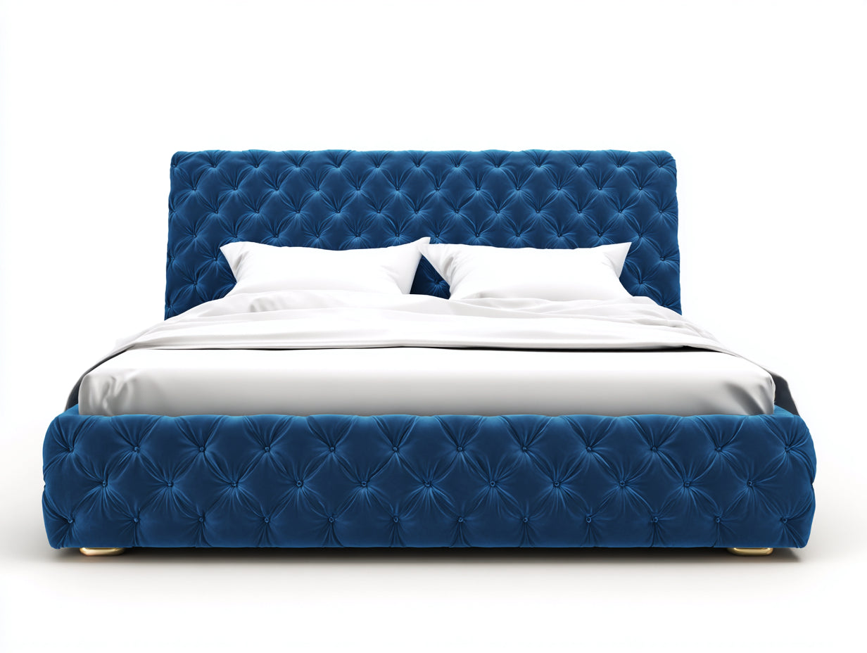 Camas dobles tapizadas en terciopelo 220x200x120 cm color azul para colchón 180x200 cm con capitoné diseño elegante
