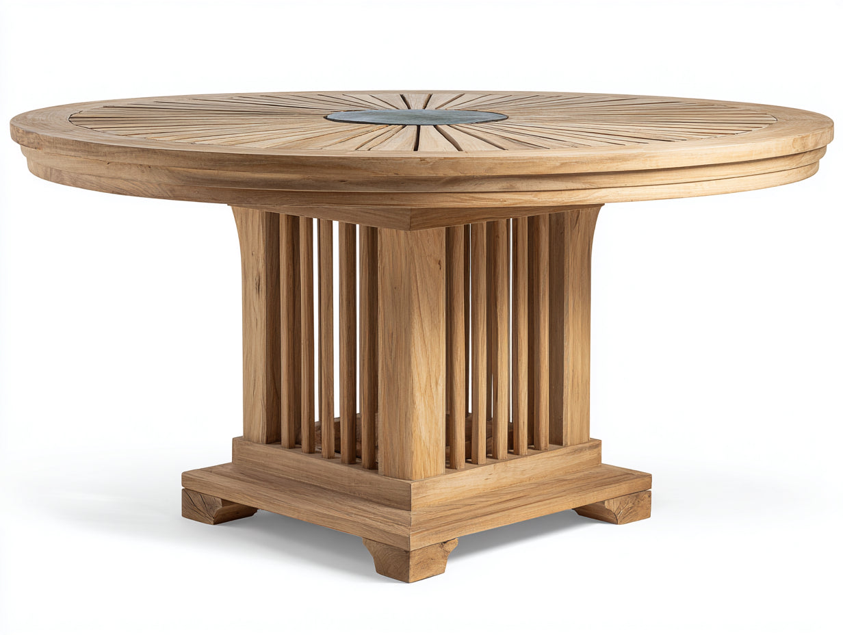 Mesa de jardín redonda de madera 150 x 150 x 75 cm - madera natural - tablero radial y base central de listones