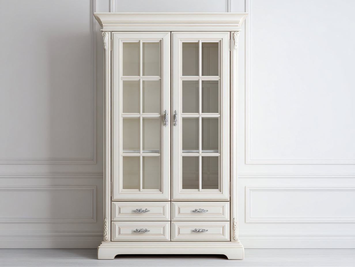 Vitrinas de madera manufacturada y vidrio 100 x 42 x 195 cm - Blanco marfil - Con 2 puertas y 4 cajones de estilo clásico