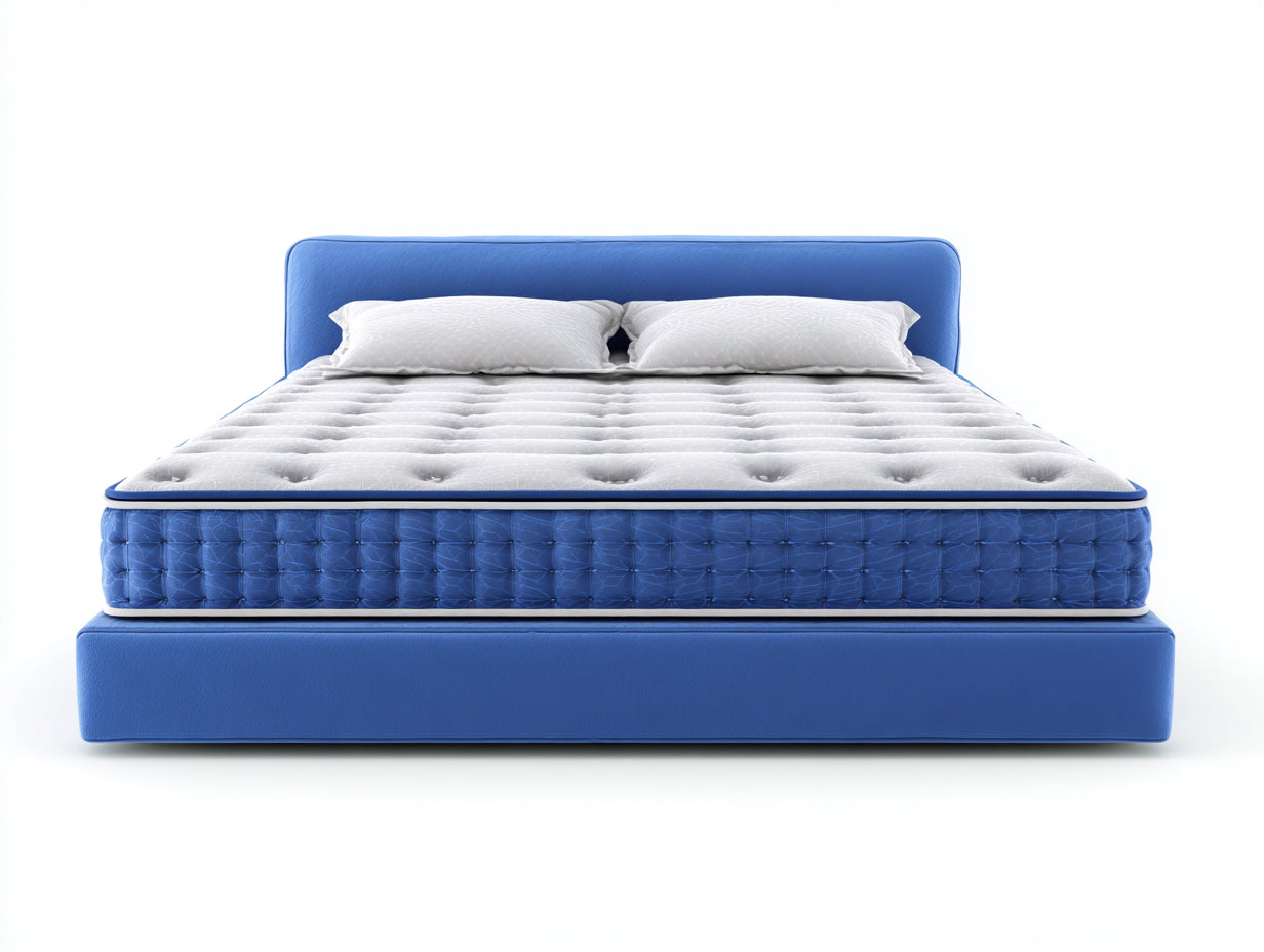 Camas dobles tapizadas de tela 218 x 190 x 112 cm - Azul y blanco - Con cabecero acolchado y base baja moderna