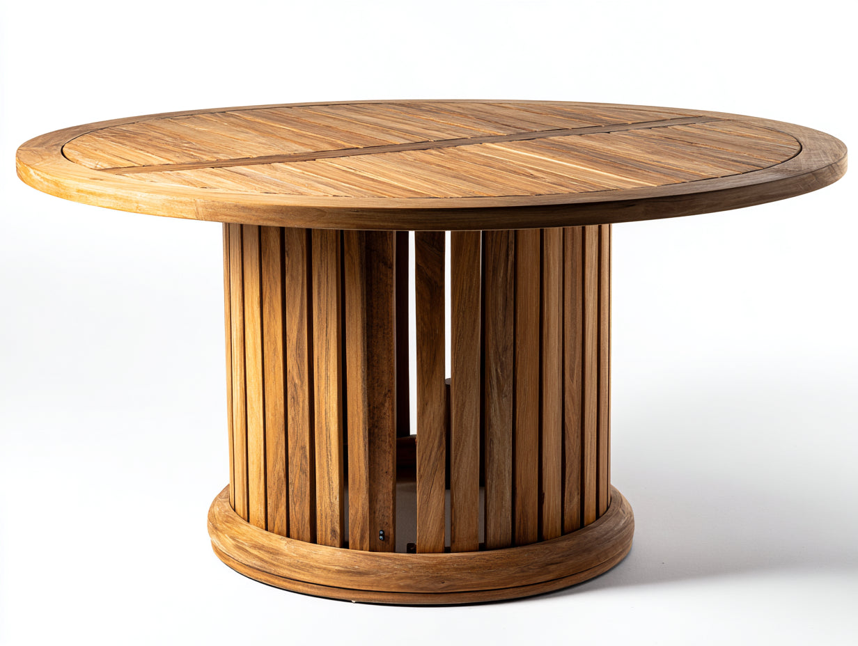 Mesas de jardín de madera 150 x 150 x 75 cm - Marrón natural - Mesa redonda con base de listones y diseño contemporáneo