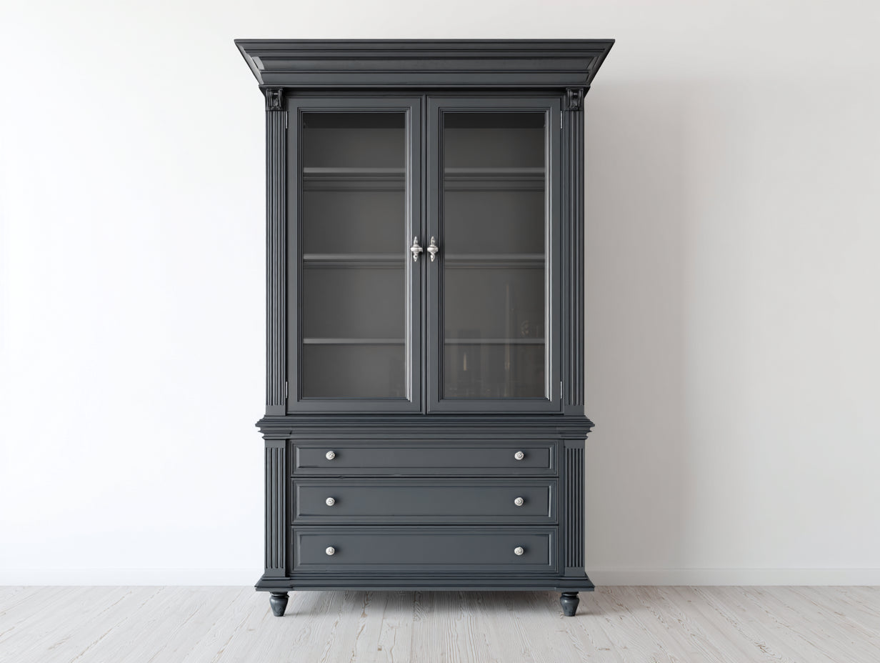 Vitrinas de madera y vidrio 110x45x195 cm - gris antracita - 2 puertas 3 cajones y diseño clásico