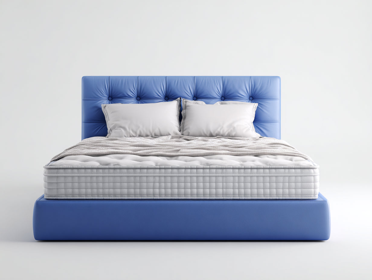 Camas dobles tapizadas en azul con cabecero capitoné 210x170x115 cm - diseño moderno para dormitorio principal y habitación de invitados