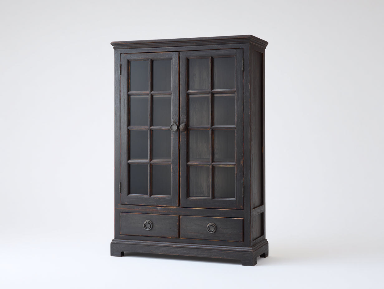 Vitrinas de salón de madera marrón oscuro con 2 puertas de cristal y 2 cajones 105x45x185 cm - diseño clásico envejecido para comedor y sala de estar