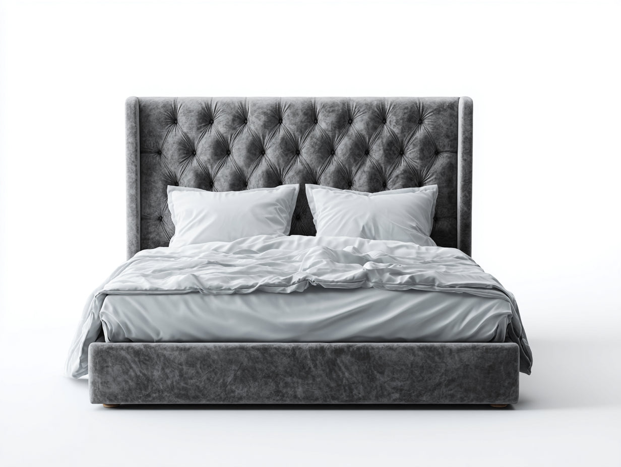 Camas dobles tapizadas en gris oscuro con cabecero capitoné 215x175x135 cm - diseño envolvente moderno para dormitorio principal