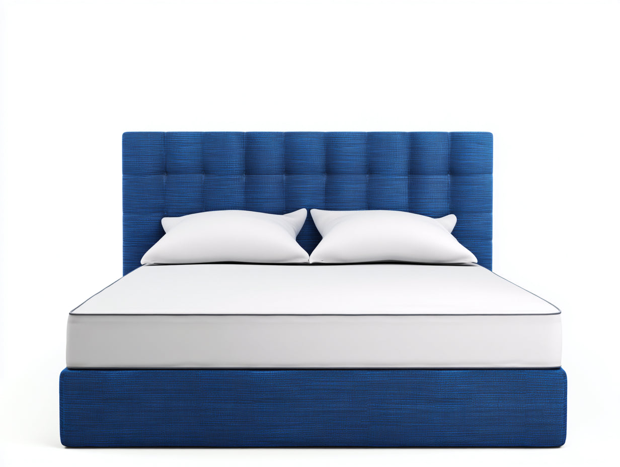 Camas dobles tapizadas 210x190x120 cm color azul para colchón 180x200 cm con cabecero capitoné diseño moderno